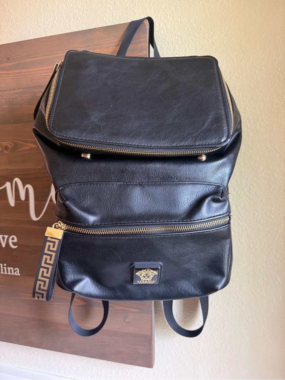 Versace Parfums Black Backpack with Gold Hardware